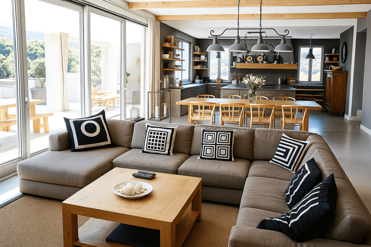 Home Interior With Open Plan Kitchen,Lounge And Dining Area Stock Photo, ft. airy & architecture - Envato