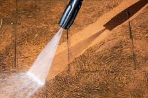 Cleaning backyard paving tiles with pressure washer. Spring clean up Stock Photo, ft. backyard & cleaner - Envato