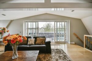 Living room with black leather sofa Stock Photo, ft. apartment & building - Envato